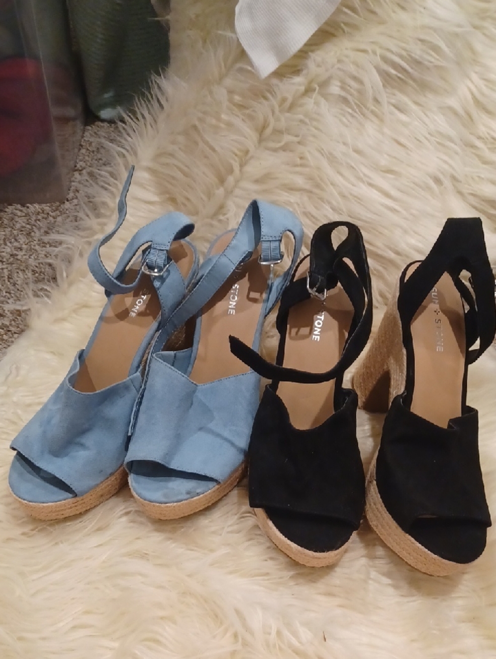 Sun + Stone Two-Pair Espadrille Wedge Sandals in Light Blue and Black